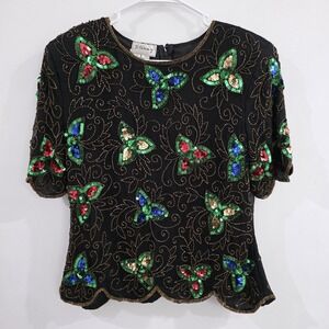 Vintage Stenay‎ Womens Silk Beaded Sequin Top Size Large Scallop Hem Glam